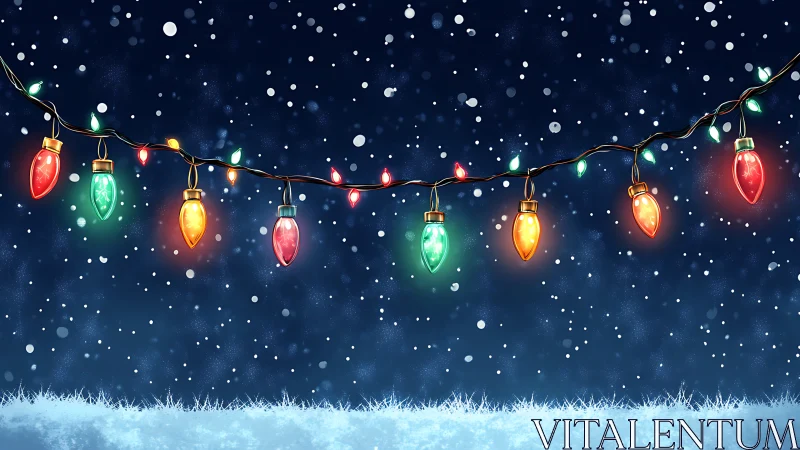 Cozy string lights glowing softly over a snowy winter night.