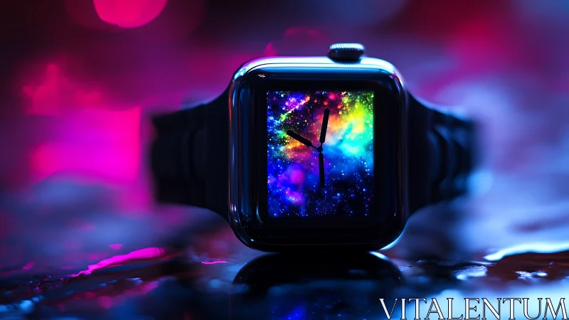 Starlit smartwatch portal bending neon time and color fields.