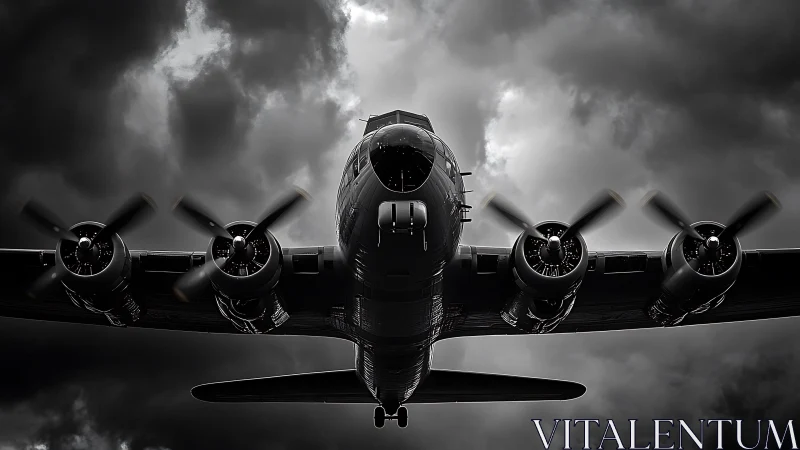 Vintage propeller plane soaring through dramatic storm clouds.