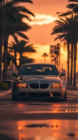 Sunset boulevard BMW front-view portrait, telephoto compression.