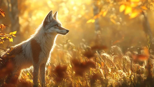 Golden autumn fox bathed in soft woodland sunrise light.