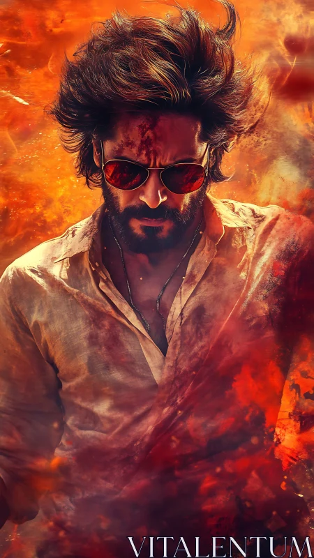 Bearded man in sunglasses amid swirling fire and smoke.