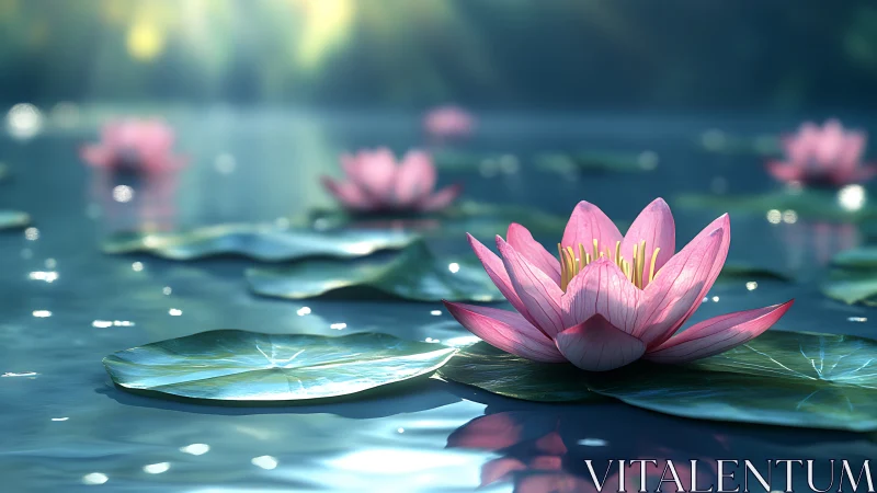Pink water lily on still pond surface with soft light.