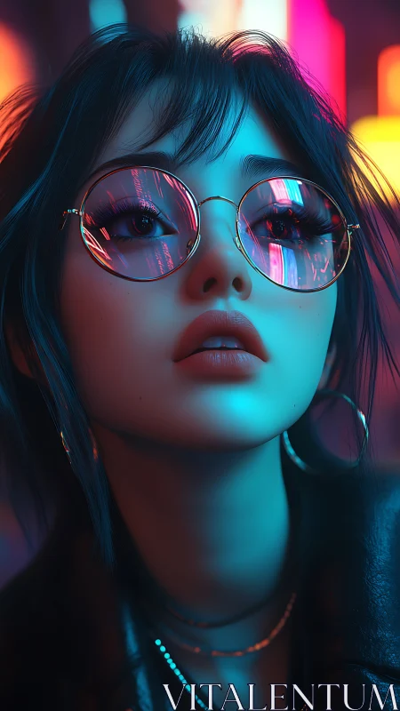 Cyberpunk girl in neon city with reflective glasses.