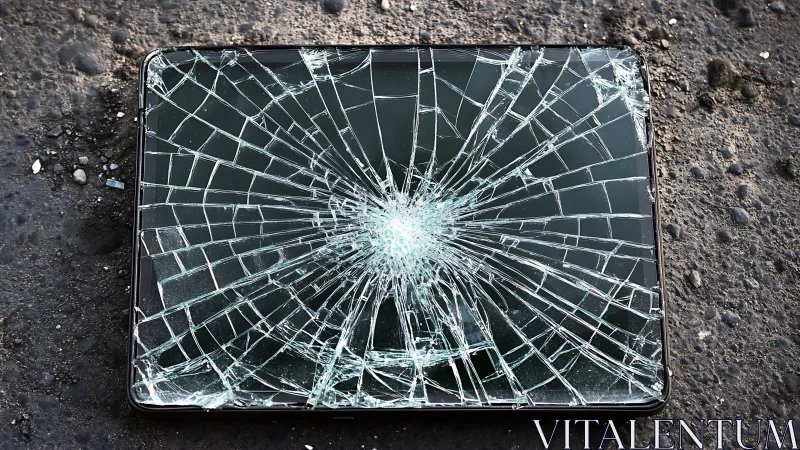 Tablet screen shows extensive radial shatter on asphalt surface