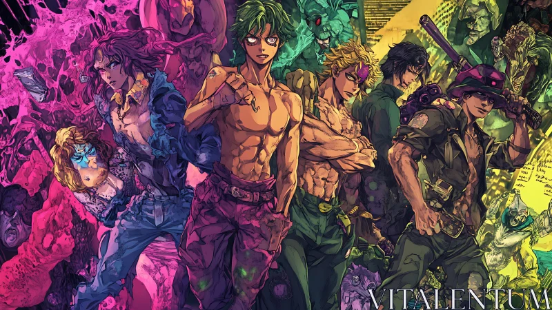 Bold anime heroes stand united in a neon-soaked showdown.