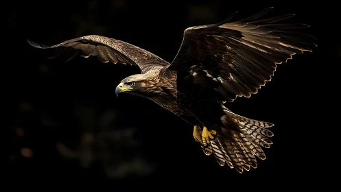 Majestic eagle in flight against dramatic black background, realistic style.