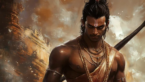 Digital warrior figure stands before temple-like architectural mass