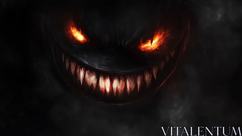 Demonic face with glowing eyes and teeth in dark smoke field.