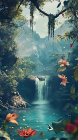 Whispering waterfall lagoon under drifting blossom confetti.