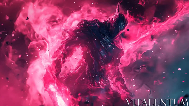 Humanoid silhouette in pink energy cloud with dynamic motion.