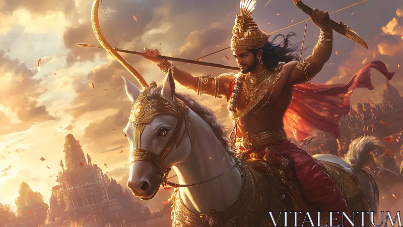 Sunlit warrior prince on radiant warhorse before burning realms.