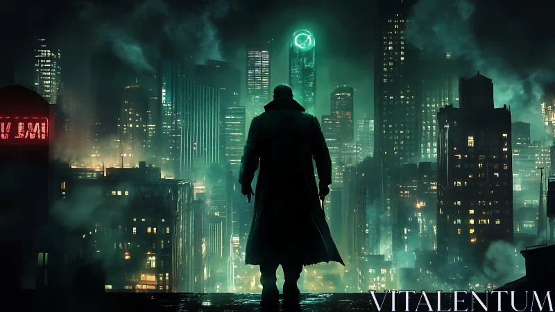 Cyberpunk noir silhouette over neon fog megacity skyline.