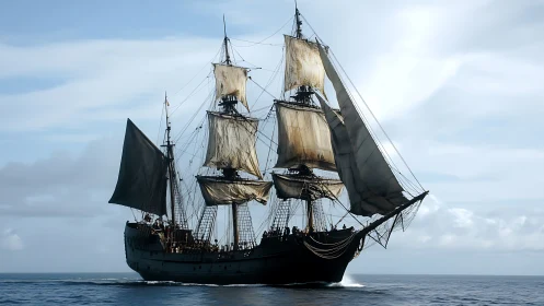 Weathered tall ship under sail on calm open ocean.