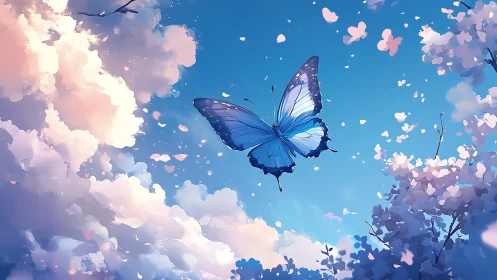 Digital painting of blue butterfly amid luminous spring clouds.