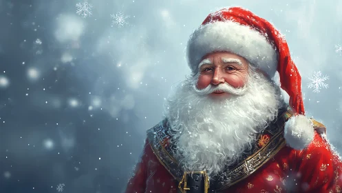 Smiling Santa Claus in softly falling winter snowstorm.