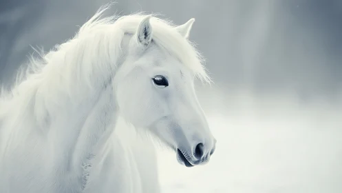 Winter-lit white horse in soft-focus snowy minimalism.