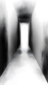 Monochrome corridor perspective with luminous vanishing point.