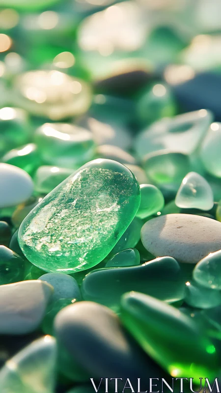 Sunlit green sea glass glows softly among smooth pebbles