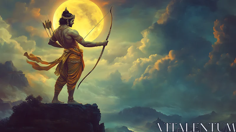 Epic digital painting of mythic archer against lunar sky.
