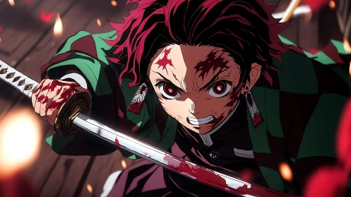 Determined anime swordsman charging forward in fierce focus.