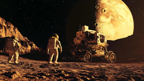 Astronauts survey a lunar rover under a looming golden moon