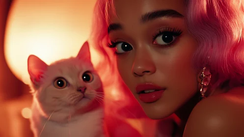 Woman with Pink Hair and White Cat in Warm Neon Light.