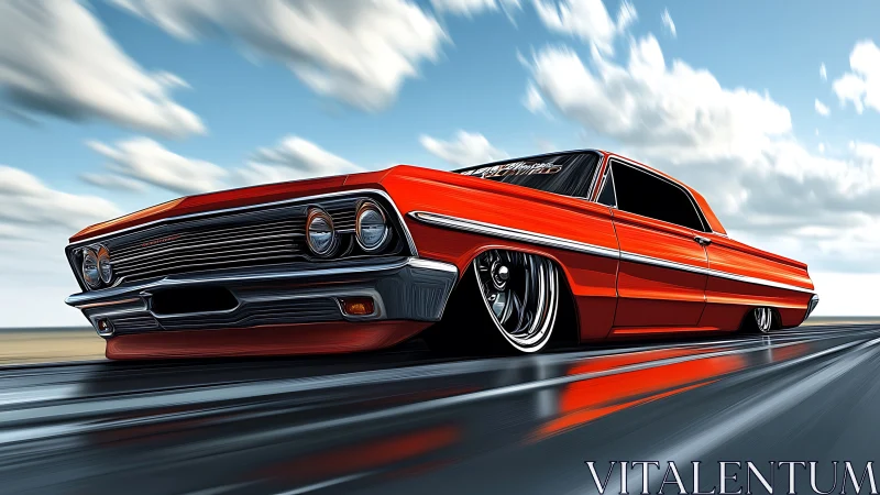 Lowrider muscle car skims desert asphalt in dynamic motion.