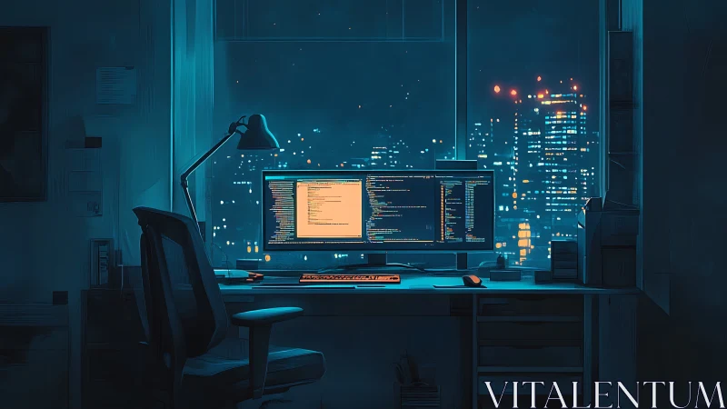 Dual-monitor coding workstation overlooks neon urban skyline