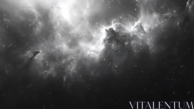 Monochrome nebula cloudscape reveals dense dust pillars and starfield