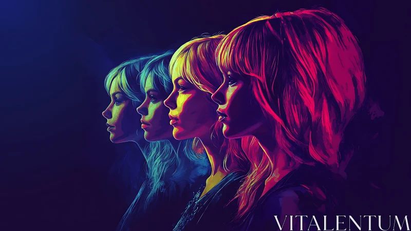 Four neon-lit female profiles align in progressive color shift