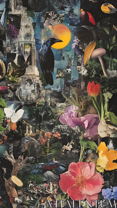 Surreal avian-botanical collage with layered nocturne lighting.