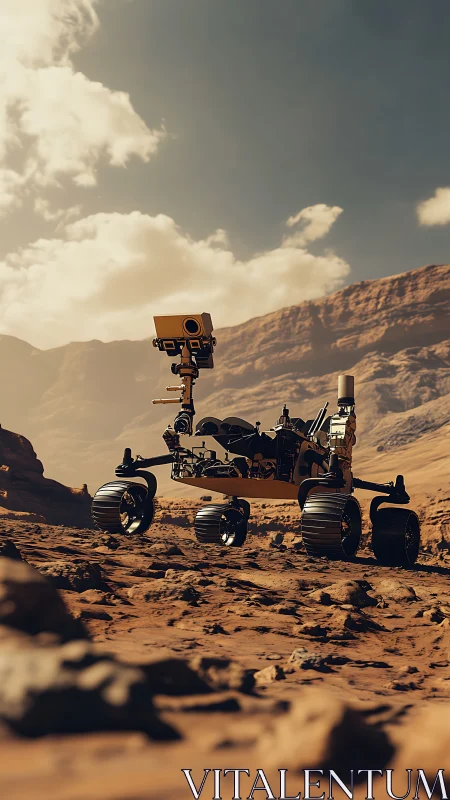 Curious Mars rover rolls through rust-red canyon silence.