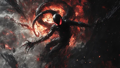 Shadow humanoid form amid red-hot swirling energy field.