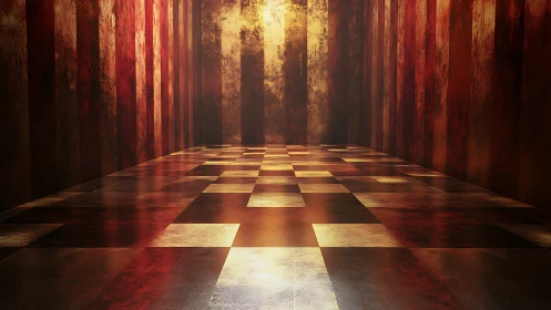 Geometric corridor glows in warm metallic light and shadow.