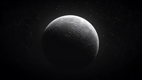 Lunar terminator in high-contrast cratered relief rendering.