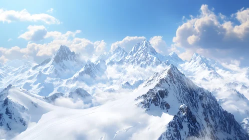 Photorealistic alpine ridge system under high-key daylight.