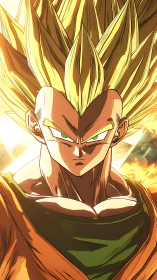 Supercharged anime warrior with golden spiked aura portrait.