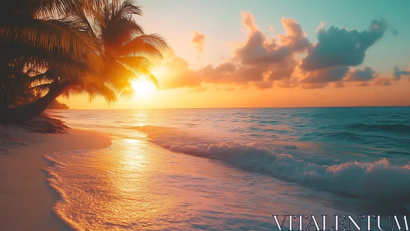 Sunset-tinted waves whisper softly beneath leaning palms