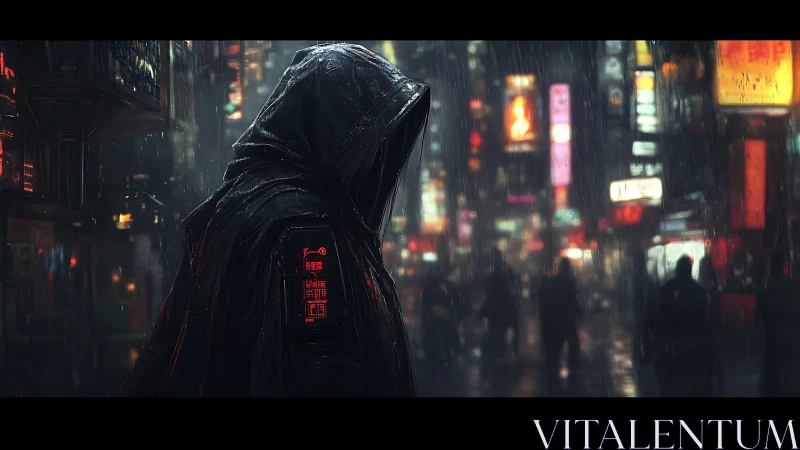 Hooded cyberpunk figure in rainy neon city street scene.