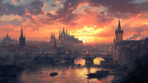 Sunlit gothic river city under dramatic burning sky.