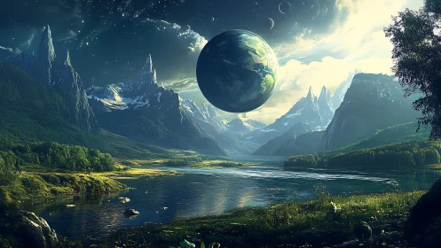 Cosmic alpine river valley under suspended terrestrial sphere.