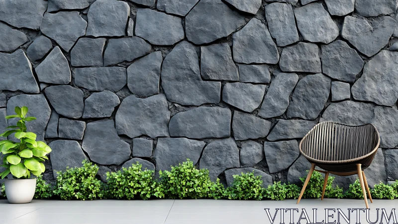 Modern patio with stone wall, rattan chair and green plants.