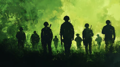 Silhouetted soldiers advance through abstract green haze.