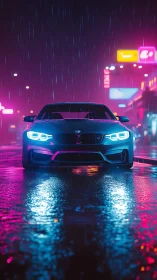 Neon rain crowns a midnight sports car in electric calm