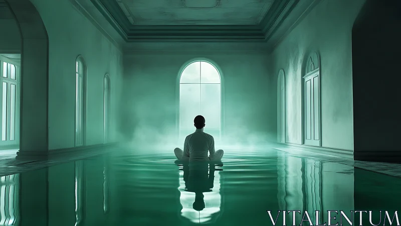 Quiet emerald pool meditation in a misty sunlit hall.