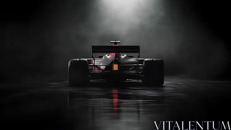 Rear-illuminated Formula race car in cinematic fog on wet track