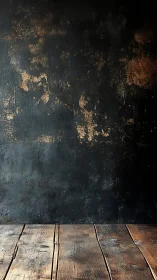 Weathered wood floor against dark rustic studio wall.