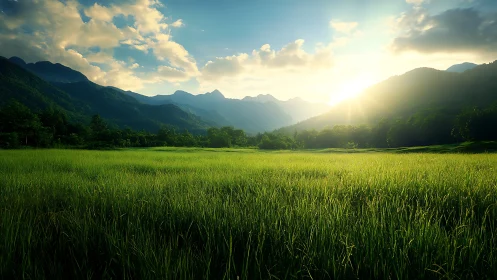 Sunlit valley meadow bordered by distant mountain range.