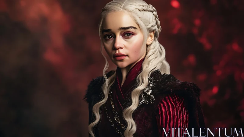 Digital portrait of silver‑haired fantasy queen under red bokeh.